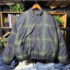 Vintage Polo Sport Plaid Puffer Jacket Green Blue Yellow Striped Full ZIp Coat